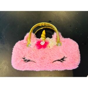 Limited Too Y2K Unicorn Faux Fur Hard Shell Purse Pink Gold Pearl Flowers